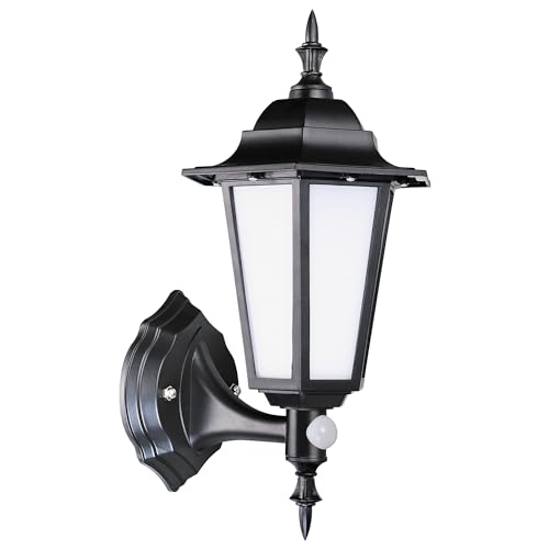 Bright Source Outdoor 7w Integrated LED 6-Sided Cage Lantern, Traditional Coach Style, PIR Motion Sensor, IP44, 550lm, Black, 4000K Cool White