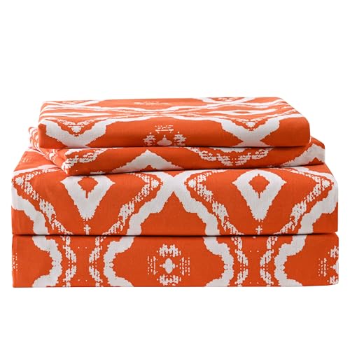 "Yibeizi Orange Patterned King Sheet Set Boho Printed Bed Sheets Microfiber Bedding Sheets & Pillowcases Soft 15"" Extra Deep Pocket Fitted Bedsheet 4 Piece"