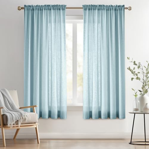 "Melodieux Blue Semi Sheer Curtains 45 Inch Length, Small Window Sheer Curtains, Bedroom Kitchen Linen Look Farmhouse Light Filtering Shiny Sheer Drapes Rod Pocket, 52"" W x 45"" L, 2 Panels"