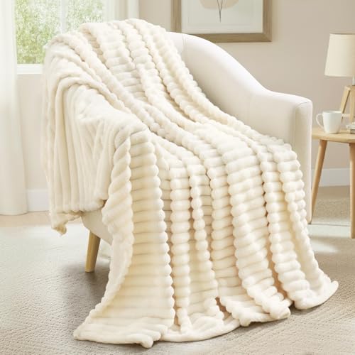 decorUhome Cream White Fleece Throw Blanket 50x60 Inches - Soft Couch Cozy Fluffy Plush Flannel Striped Blanket for Sofa Bed, Lightweight Decorative Ribbed Fuzzy Blanket for Woman