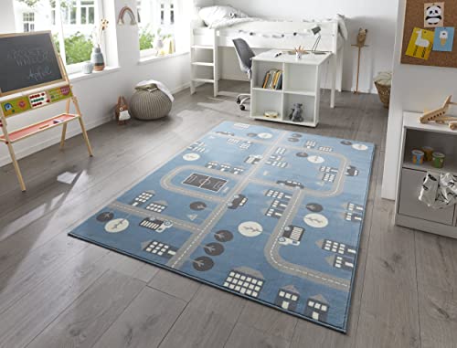 Hanse Home Town Children's Room Rug Short Pile Modern Play Street Motif Soft Pile Easy Care Sky Blue 120 x 170 cm