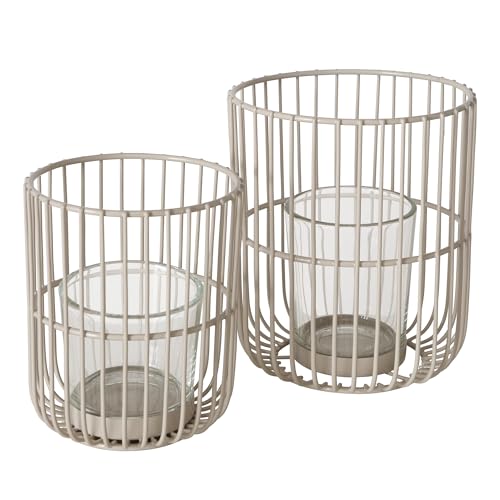 Boltze Cindy 2045316 Tea Light Holder Set of 2, Beige, Iron, Glass, 14-20 cm High, Modern Design, Garden Decoration, Table Decoration, Candle Accessories, Lantern, Tea Light Glass