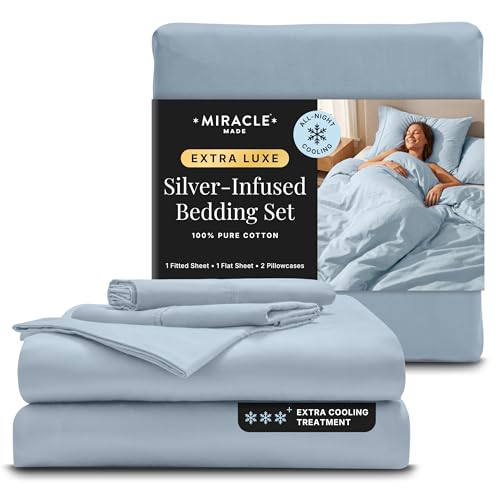Miracle Made Extra Luxe Soft, Cool-to-the-Touch Cotton Bed Sheet Set, 4-Piece ??? Silver-Treated, Breathable, Lightweight Bedding ??? Full Size, Sky Blue