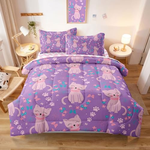 SIRDO 5 Piece Girls Cat Comforter Set Full Size Bed in A Bag Pink Cute Cartoon Cats Bedding Set for Kids Teens (1 Comforter, 1 Flat Sheet, 1 Fitted Sheet, 2 Pillowcases), Purple Pink