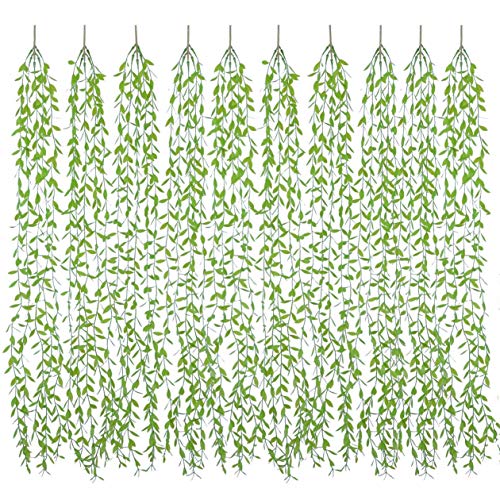 Artificial Hanging Vine, 10 Pcs Weeping Willow Plastic Plants Greenery Leaves Faux Ivy Garland Fake Plant UV Resistant for Indoor Outdoor Garden Door Wall Baskets Wedding Party Table Decoration Green