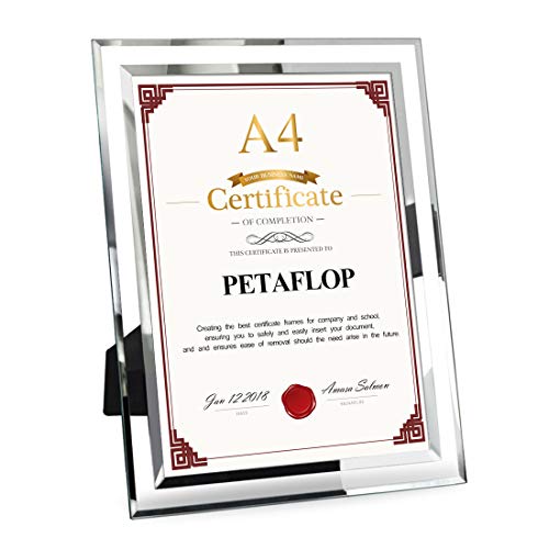 PETAFLOP A4 Photo Frame Glass Certificate Frame Document Frame Diploma Graduation, silver, 8.3 x 11.7 inch