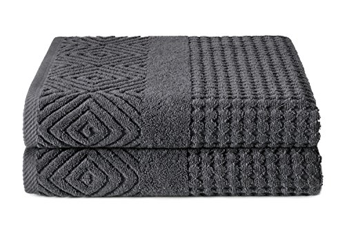 Texere 100% Organic Cotton Diamond Jacquard 700 GSM Luxury Bath Towel Sets - Ultra Soft and Absorbent Hotel and Spa Quality (Diamond, Charcoal, 2 Bath Towels)