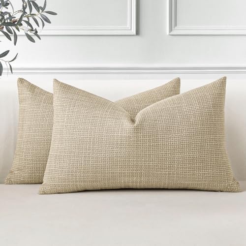 OTOSTAR Pack of 2 Throw Pillow Covers 16x24 Inch Linen Light Tan Pillowcases Farmhouse Decorative Solid Pillow Covers 40x60 cm Lumbar Cushion Case for Home Decor Sofa Couch Bed (Light Tan)