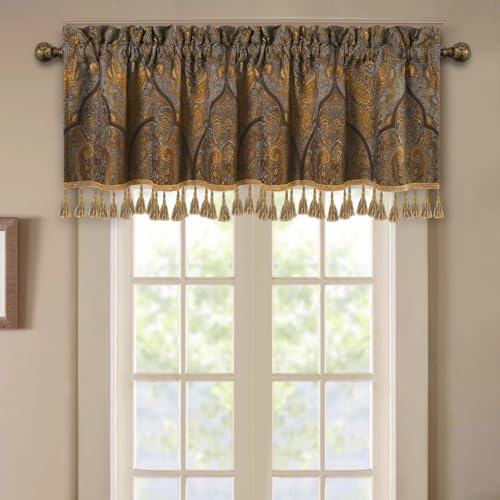 Loom and Mill Luxury Jacquard Valances for Bedroom Kitchen, Classic Bronze Gold Antique Living Room Window Curtain Valance with Tassels, Rod Pocket Blackout Short Curtain 1 Panel, 54??? x 18???