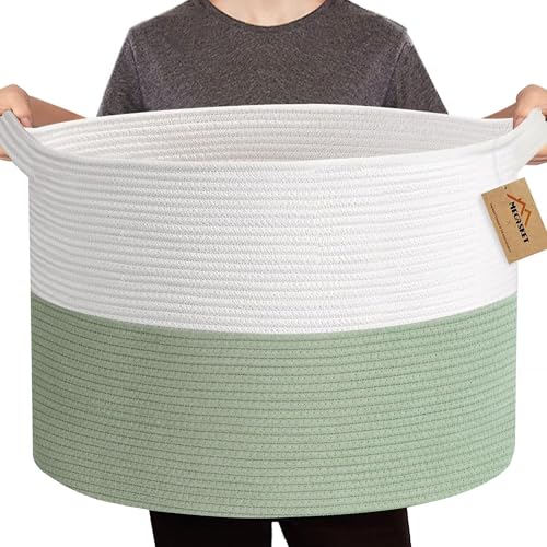 "MEGASKET Extra Large Blanket Basket, 22"" X 22"" X 14"" Kids Dog Toy Storage Bin Box, Nursery Baby Toddler Toy Organizer, Soft Cotton Rope Woven Bin, Large Basket for Blankets for Living Room, Green"