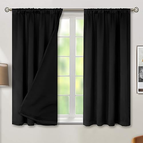 BGment Black Blackout Curtains for Bedroom 54 Inch Length, Rod Pocket 100% Blackout Curtains with Thermal Liner Light Blocking Curtains for Living Room, Each Window Curtains 2 Panels, 42 x 54 Inch