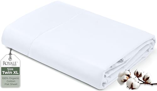 "Royale Linens 100% Organic Cotton Twin XL Flat Sheet Only - Super Soft - Percale Top Sheets - Twin XL Flat Sheet Sold Separately - Breathable, Cool & Crisp White Sheets Only (66"" x 102"", White)"