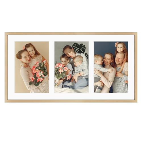 Golden State Art, 8.5x16.3 Gold Metal Frame - Ivory Mat for Three 5x7 Pictures - Sawtooth Hangers- Swivel Tabs - Wall Mounting - Landscape/Portrait - Real Glass - Collage Frame