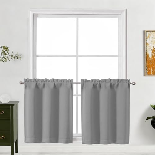 "Lecloud Light Grey Kitchen Curtains 24 Inch Length 2 Pcs, Privacy Modern Room Darkening Curtain, Thermal Window Treatments Drapes Rod Pockets for Cafe Bedroom Cabinet Camper, Each Panel 30"" W x 24"" L"