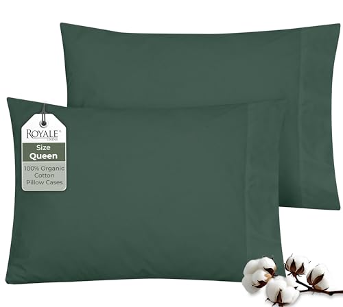 "ROYALE LINENS 100% Organic Cotton Percale Pillowcases Set of 2 - Queen Size Percale Pillowcase - Queen Set of 2 Pillow Cover - Breathable, Cool & Crisp Pillow Cases (20""x30"", Hunter Green)"