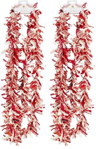 Talking Tables Recycled & Reusable Fabric Red and White Christmas Tree Tinsel upcycled 100% Cotton remnants - Ethically sourced in India - Enjoy for Many Christmases to Come - Made 3m (Pack of 2)