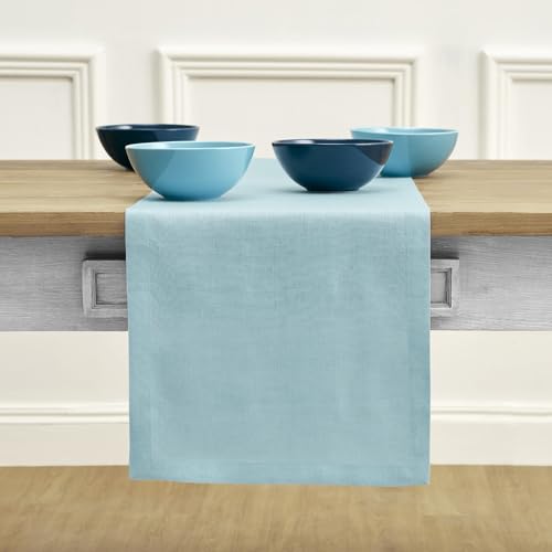 Solino Home 100% Pure Linen Table Runner Aqua Blue Long, Fete 14 x 108 in - Table Runners for dining, hallway and console table styling - neatly mitered corners, artisan crafted - OEKO-TEX Certified