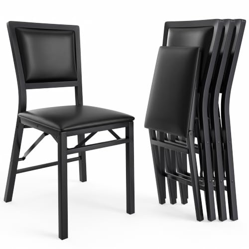 VECELO Folding Dining Chairs Set of 4, PU Leather Kitchen Chairs with Padded Seat, Metal Steel Frame, Space Saving, Easy-Clean Armless Dining Chairs, No Assembly