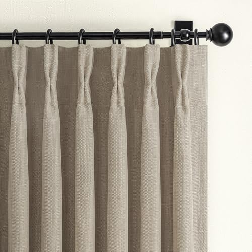 Greyish Beige Extra Long Black Out 108 Inch Curtains for Bedroom, Modern Pinch Pleated Textured Linen Light Blocking Window Drapes 2 Panels Set with Hooks Rings for Dining Room 9 FT Taupe Large Burg