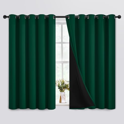 SimpleHome Dark Green 100% Blackout Curtains Room Darkening Living Room 63 - Curtains for Bedroom,Thermal Insulated Grommet Window Drapes,Curtains for Living Room with Black Back,62 x 63 Inch,2 Panels