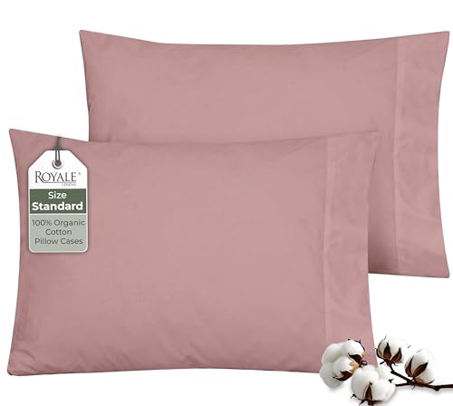 "ROYALE LINENS 100% Organic Cotton Percale Pillowcases Set of 2 - Standard Size Percale Pillowcase - Standard Set of 2 Pillow Cover - Breathable, Cool & Crisp White Pillow Cases (20""x26"", Pink)"