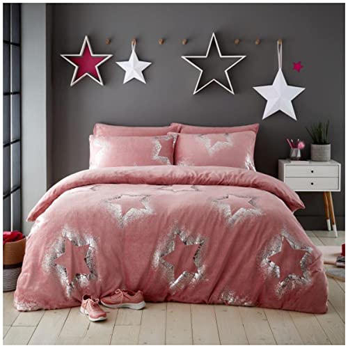 GC GAVENO CAVAILIA Luxury Teddy Sparkling Stars Duvet Set, Premium Cuddly Warm Fluffy Fur Fleece Quilt Bed Cover Set, Single, Blush Pink