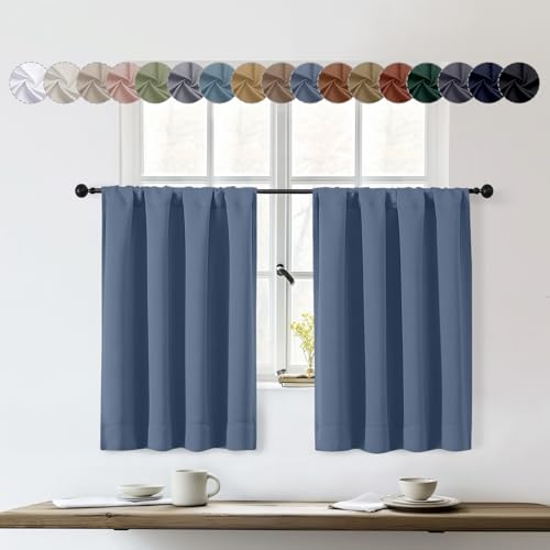 OWENIE Sally Denim Blue Kitchen Curtains 36 Inch Length 2 Panels Set, Half Window Rod Pocket Privacy Room Darkening Blackout Curtain Tiers for Kitchen Bathroom, 2 Pcs Each W40 x L36 Inch
