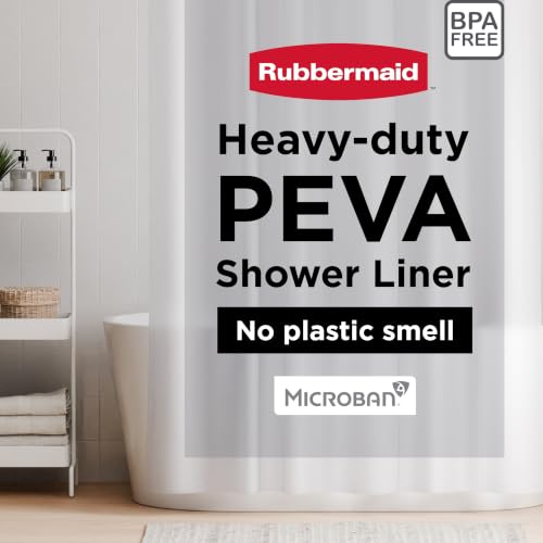 Rubbermaid Heavyweight PEVA Shower Curtain Liner, Waterproof Shower Liner with Rustproof Metal Grommets and Weighted Magnetic Hem, 70 x 72 Inches, Frosty with Charcoal Grommets