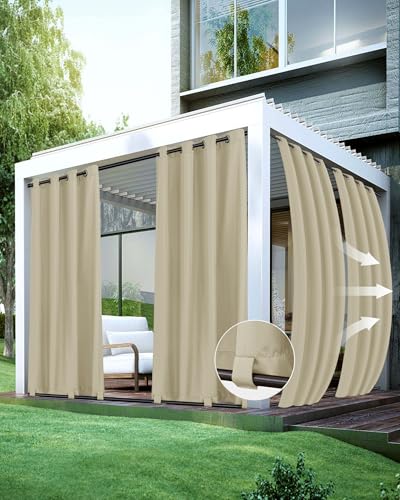 HolidayIdeas Outdoor Curtains for Patio Waterproof-Windproof Weatherproof Privacy Curtains 4 Panels-Grommet Top and Tab Bottom Drape for Gazebo, Porch, Pergola, Cabana, Backyard 54x120 Inch Cream