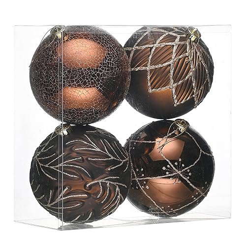 Valery Madelyn Large Christmas Tree Ornaments Set, 4ct 5.9 Inches Brown Copper Gold Shatterproof Christmas Tree Decorations, Woodland Brown Hanging Ball Bulk for Xmas Holiday Party Decor