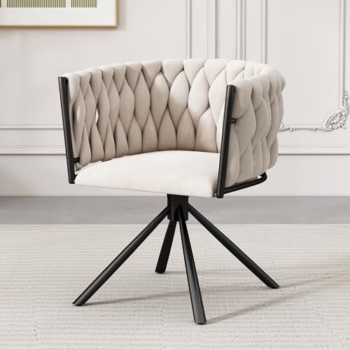 Ball & Cast 360° Swivel Dining Chair, Velvet Upholstered Desk Chairs without Wheels Ergonomic Office Chair with Arms and Metal Legs for Home Study (beige-rectangular pattern, 1PC)