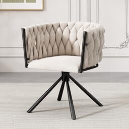 Ball & Cast 360° Swivel Dining Chair, Velvet Upholstered Desk Chairs without Wheels Ergonomic Office Chair with Arms and Metal Legs for Home Study (beige-rectangular pattern, 1PC)