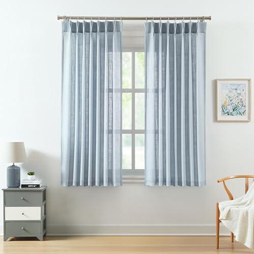 "WEST LAKE 72 Inches Long Dusty Blue Bailey Pinch Pleat Semi Sheer Curtains - Rustic Linen Textured Drapes with Back Tabs Hooks,Light Filtering Window Treatment Set,40""Wx72""L,2 Panels"
