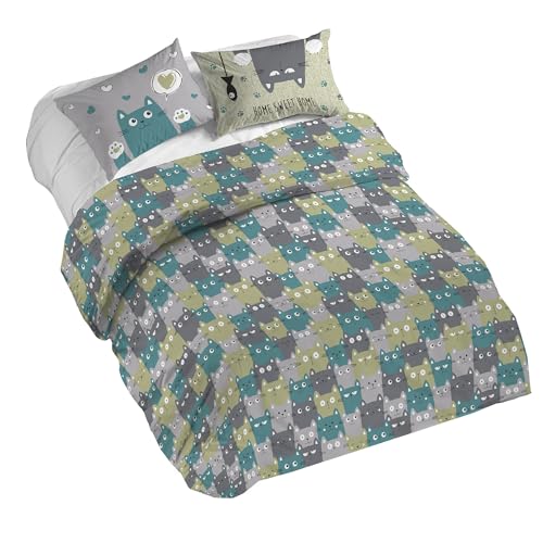 PENSIERI DELICATI Duvet Cover, Cotton, Happycat Green, 160 x 190 cm