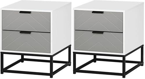 HOMCOM Bedside Cabinet with 2 Drawer Storage Unit, Unique Shape Bedroom Table Nightstand with Metal Base, for Living Room, Study Room, Dorm (Pack of 2)