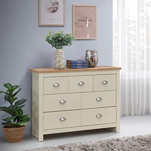 Timber Art Design UK Lisbon 3+4 Chest of Drawers with 7 Drawers, Metal Handles & Runners, Storage Organiser Unit for Bedroom Hallway Living Room Bedside Cabinet, Large, Cream 35D x 112W x 82H cm