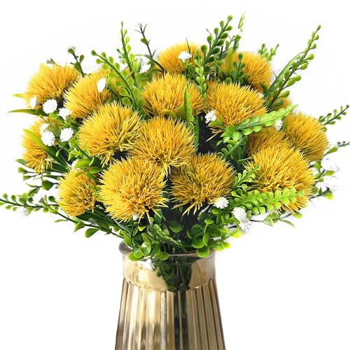 CATTREE Artificial Dandelion Plants, Plastic Flowers Shrubs Bushes Fake Grass Wedding Indoor Outdoor Home Garden Verandah Centerpieces Arrangements Party Decoration Planting Filler - Yellow 4 Pack