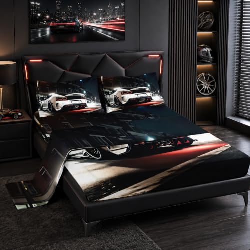 "Nttopship Sports Car 4 Pieces Bed Sheet Sets Full Size White Racing Car Printed Bedding Sets with 16"" Deep Pockets White Racing Car Bedroom Decor,Bedding Set 4 PCS(1 Fitted+1 Flat+2 Pillowcases)"