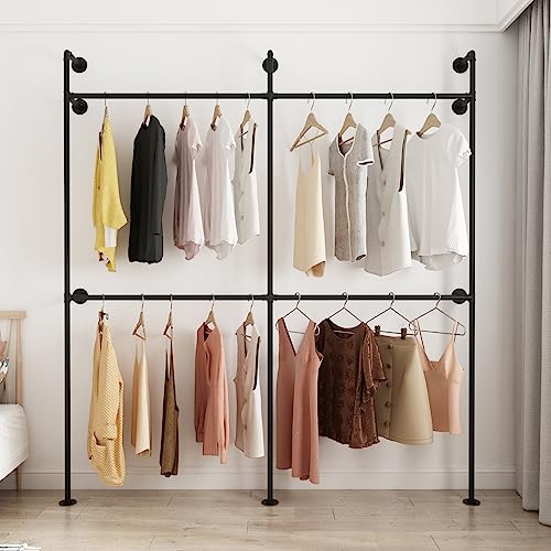 ORSENIGO Industrial Pipe Clothing Rack, Heavy Duty Metal Clothes Rack with Double Rods for Hanging Clothes, Wall Mount Space-Saving Garment Display Rack (Double, Black)