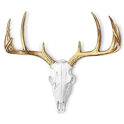"Wallcharmers Mini White + Gold Antler Faux Deer Skull - 16"" White Faux Taxidermy Animal Head Wall Decor - Handmade Farmhouse Decor"