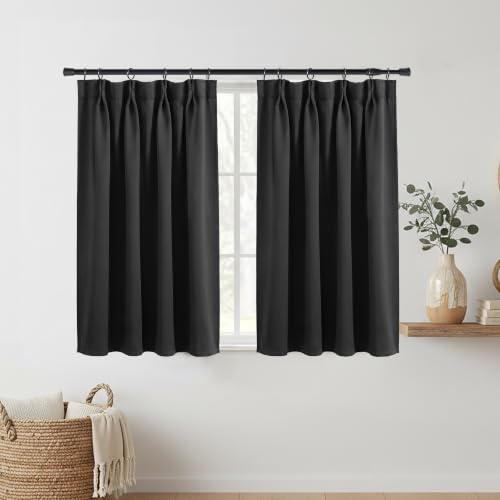 "Lino Rosa Short Curtain Single Panel for Small Window, Pinch Pleated Blackout Tier Half Curtain for Windows, with Rings Clips Ready to Hang Drape for Bathroom Kitchen, (Black, 24"" W x 24"" L)"