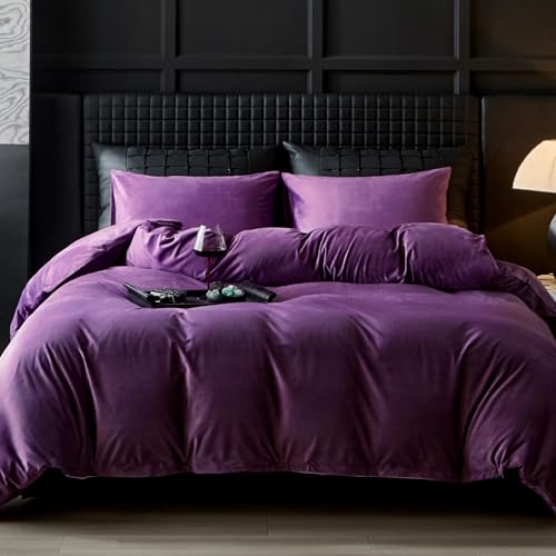 WARMDERN Purple Velvet Duvet Cover King Size Flannel Duvet Cover Bedding Sets, 3pcs Ultra Soft Luxury Textured Modern Crystal Velvet Duvet Covers with Zipper Closure(Purple, King)