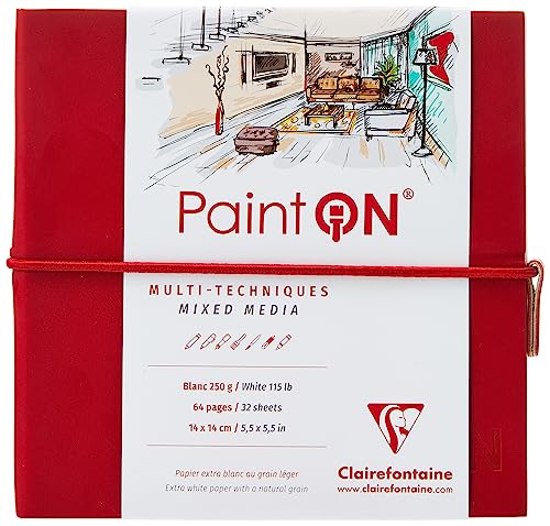 Clairefontaine - Ref 975430C - Paint'On Multi-Technique Sewn Art Book (32 Sheets) - 14 x 14cm, 250gsm Heavyweight Paper, Acid Free - Black Pages / Red Cover