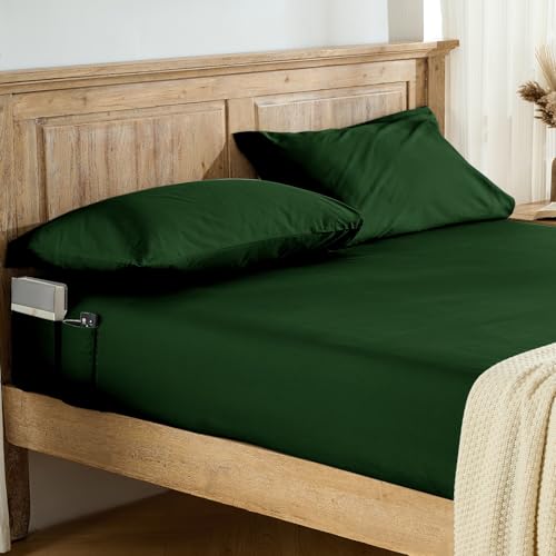Entisn Pure Cotton Fitted Sheet, Side Pockets, Queen (Olive Green) - 400 Thread Count, 16-Inch Deep Pocket, Breathable Cotton, Side Storage Pockets, Machine Washable