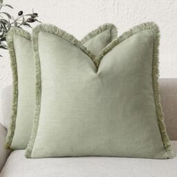 Foindtower Set of 2 Decorative Linen Fringe Throw Pillow Covers Boho Farmhouse Cushion Cover with Tassels Soft Accent Pillowcase for Couch Sofa Bed Living Room Home Decor,18×18 Inch,Light Sage Green
