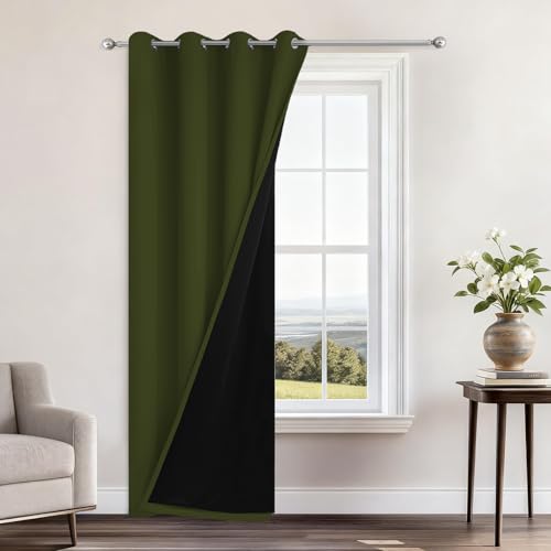 "Yakamok 100% Blackout Curtains 96 Inches Long, 2 Thick Layers Heat and Full Light Blocking Soft Thermal Insulated Drapes for Bedroom(52"" Wide Each Panel, Olive Green, 1 Panel)"
