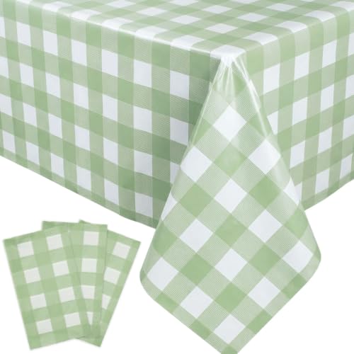Oigco 3 Pack Sage Green Gingham Tablecloth 54 x 108 Inches, Rectangle Disposable Sage Green Checkered Tablecloth, Picnic Table Cover for Outdoor, Camping, Birthday Decorations