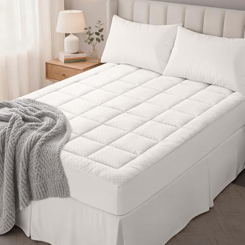 OLANLY Queen Quilted Fitted Mattress Pad, Down Alternative Fill, Off White - 360?? Elastic Skirt, Soft Cooling Mattress Protector, Deep Pocket Fits Mattresses Up to 21 Inches, Machine Washable