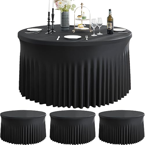 Htper 4 Pack Black Spandex Round Tablecloths for 60inch Table, Wrinkle Free 120inch Stretchy Fitted Round Table Cloths Covers with Skirt for Wedding Birthday Parties Banquet Events