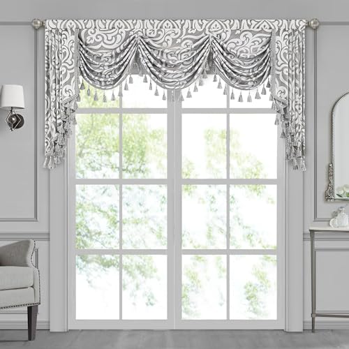 Loom and Mill Contemporary Jacquard Waterfall Valance for Living Room Bedroom, Modern Damask Swag Window Valances with Tassels, Luxury Swag Curtains for Banquet Holiday Decoration(W79Inch,1 Panel)